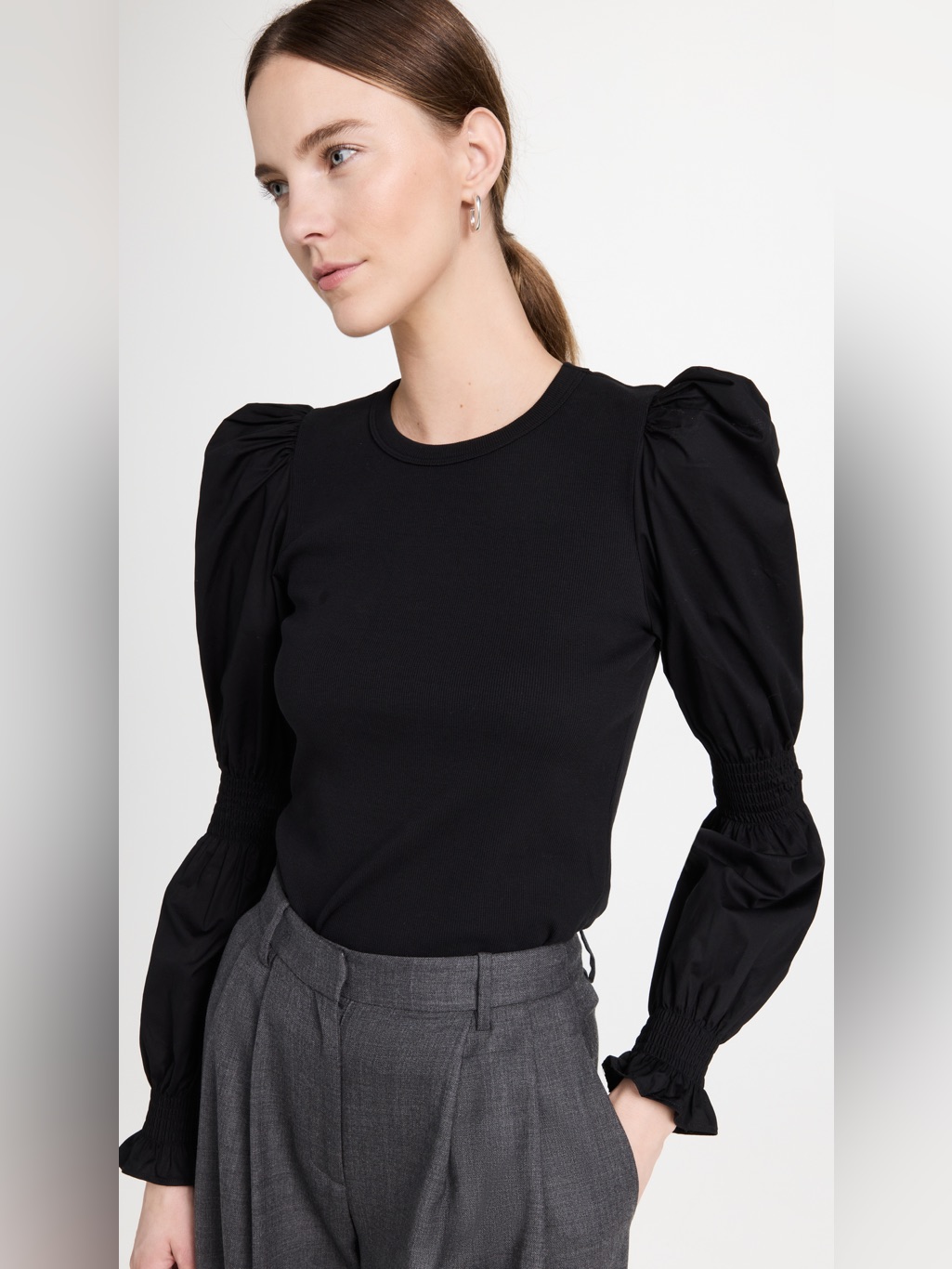Veronica Beard Jeans Fawn Mixed Media Puff Sleeve Top Black Size Large